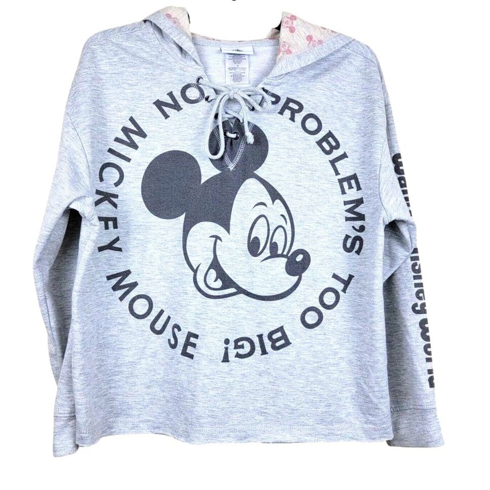Disney Parks Mickey Mouse No Problems Too Big Cropped Lace Up Hoodie Women M